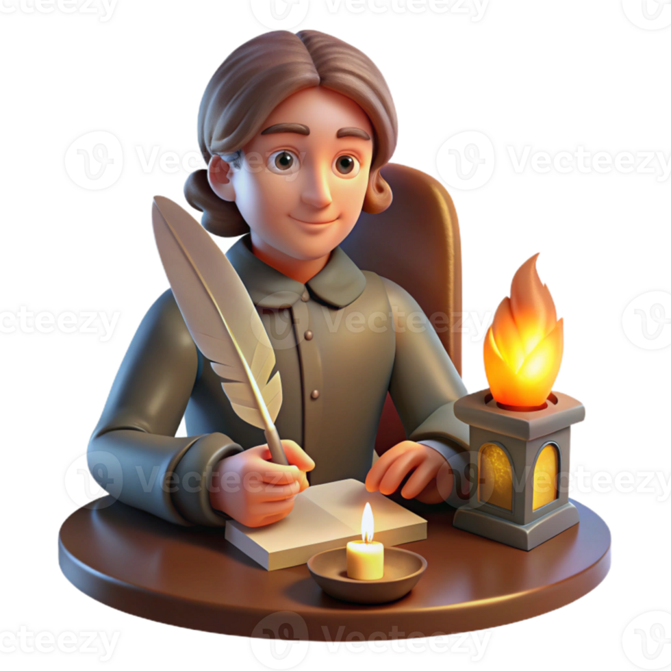 wonderful artistic Portrait of a writer with a quill and parchment, lit by the warm glow of a fireplace, in a vintage style high resolution png