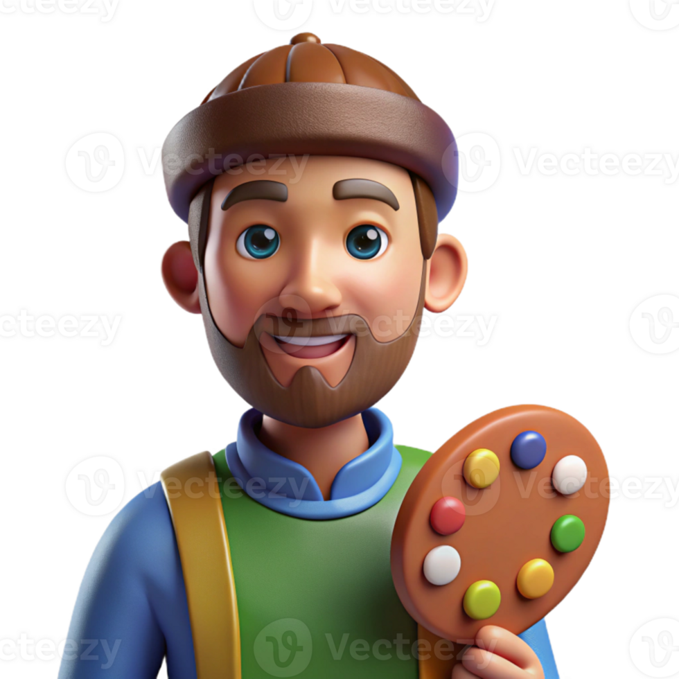 wonderful creative Portrait of a painter with a palette and brush, lit by natural studio light, in a realistic style high resolution png