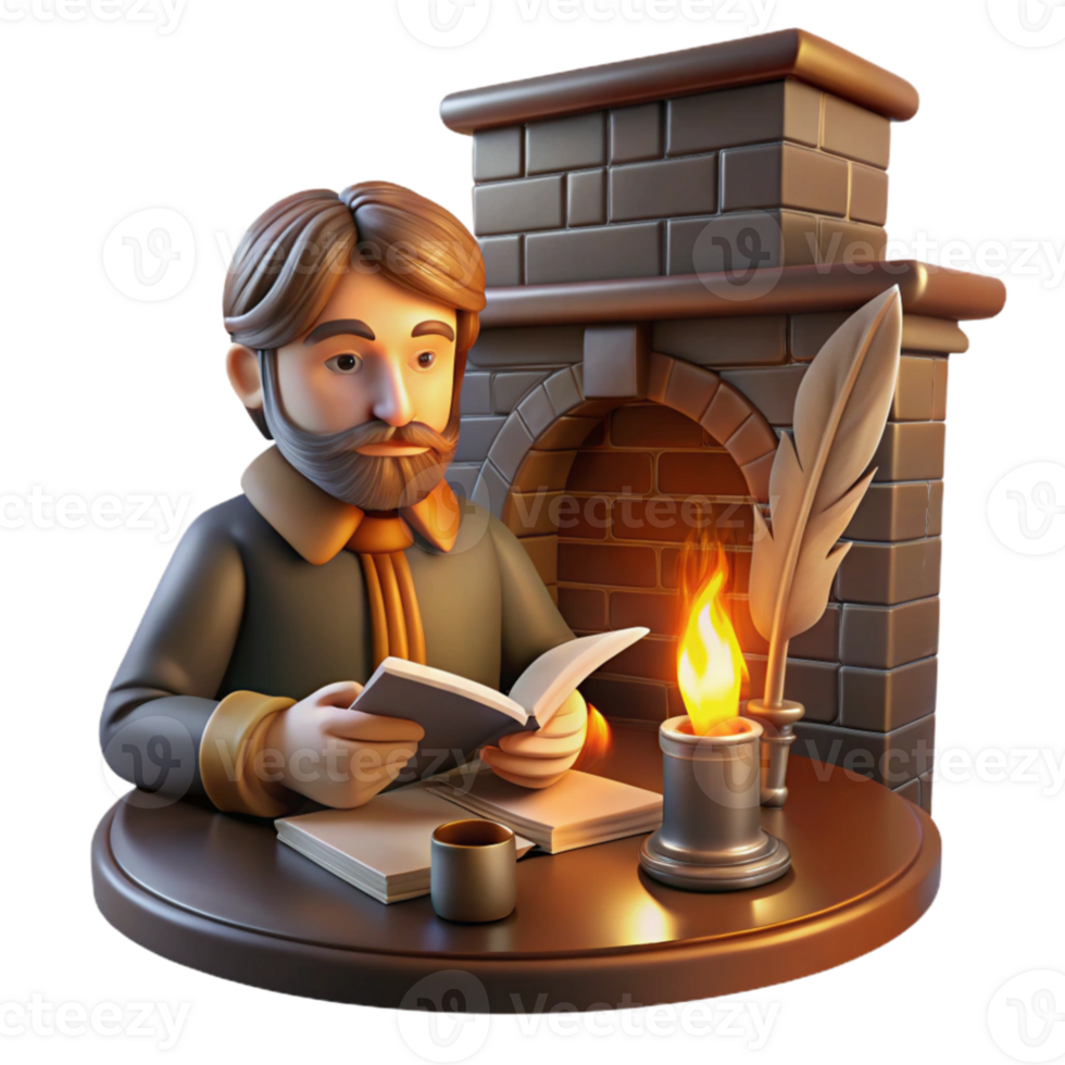 dramatic contemporary Portrait of a writer with a quill and parchment, lit by the warm glow of a fireplace, in a vintage style high quality png