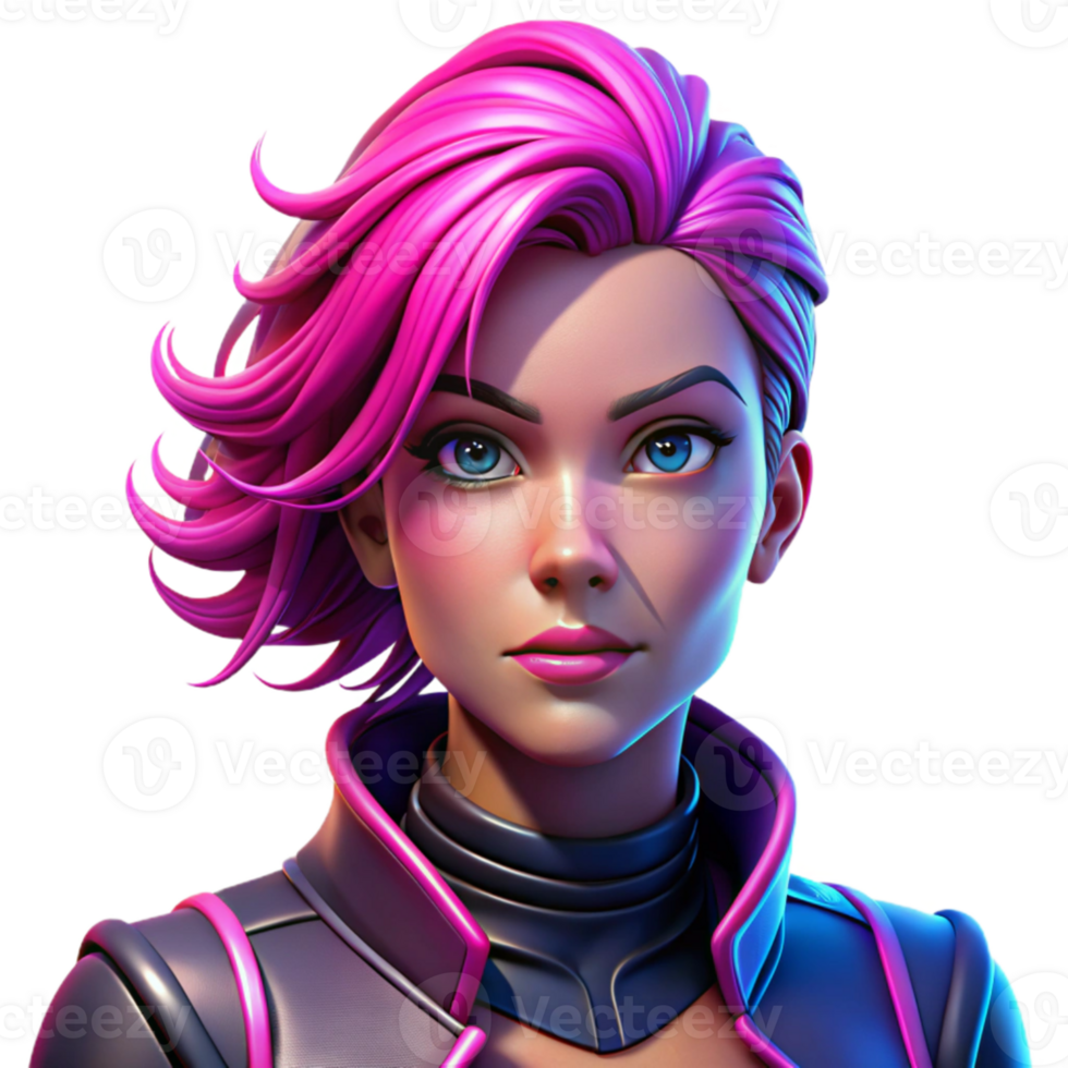 extraordinary abstract Portrait of a young woman with vibrant pink hair and bold makeup, lit by neon lights, in a cyberpunk style high quality png
