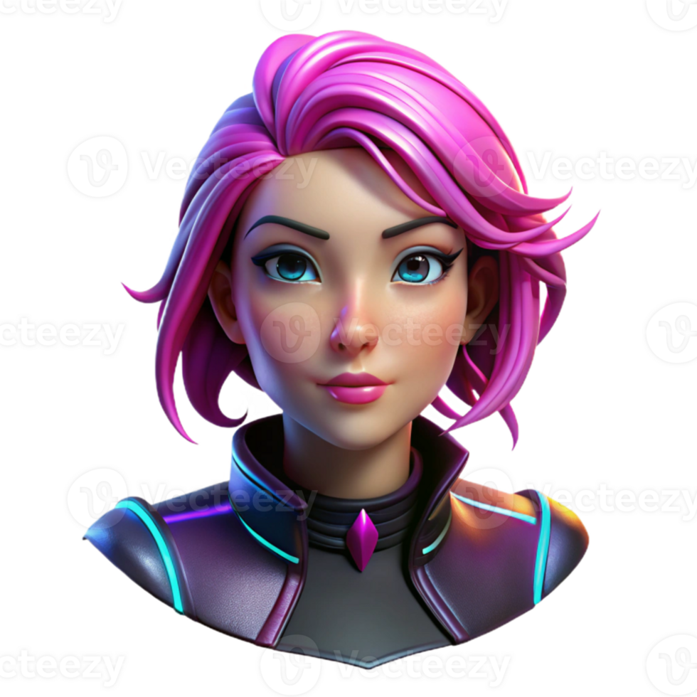 magnificent vintage Portrait of a young woman with vibrant pink hair and bold makeup, lit by neon lights, in a cyberpunk style original png