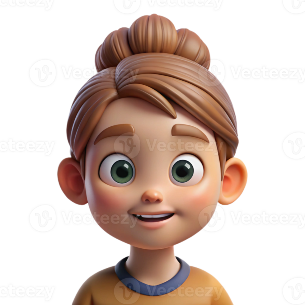 beautiful vintage Portrait of a curious child with wide eyes and a messy bun, high-key lighting, cartoon style original png