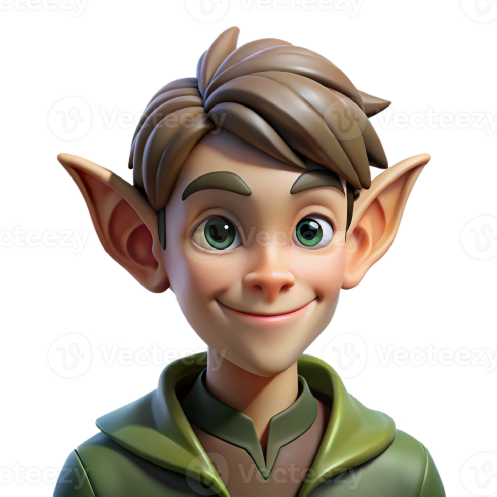 stunning abstract Portrait of a mischievous elf with pointed ears and a playful smirk, dappled forest light, fantasy art style high quality png