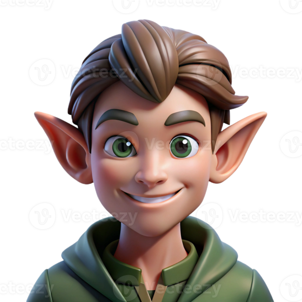 stunning contemporary Portrait of a mischievous elf with pointed ears and a playful smirk, dappled forest light, fantasy art style original png