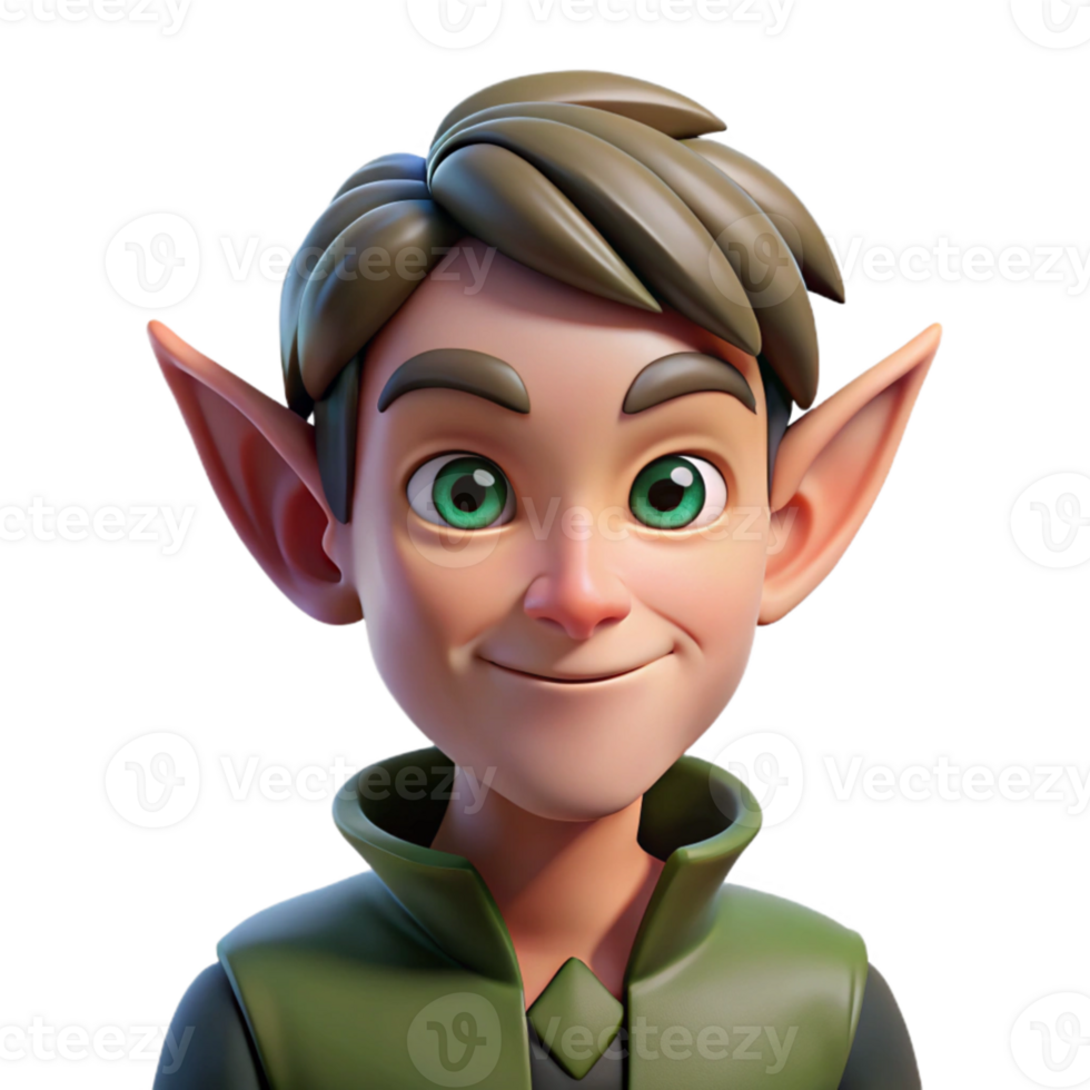 stunning classic Portrait of a mischievous elf with pointed ears and a playful smirk, dappled forest light, fantasy art style high resolution png
