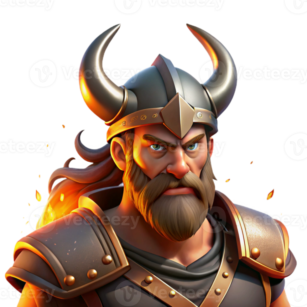 impressive artistic Portrait of a fierce Viking warrior with horned helmet and a battle-ready expression, dramatic firelight, historical painting style 4K png