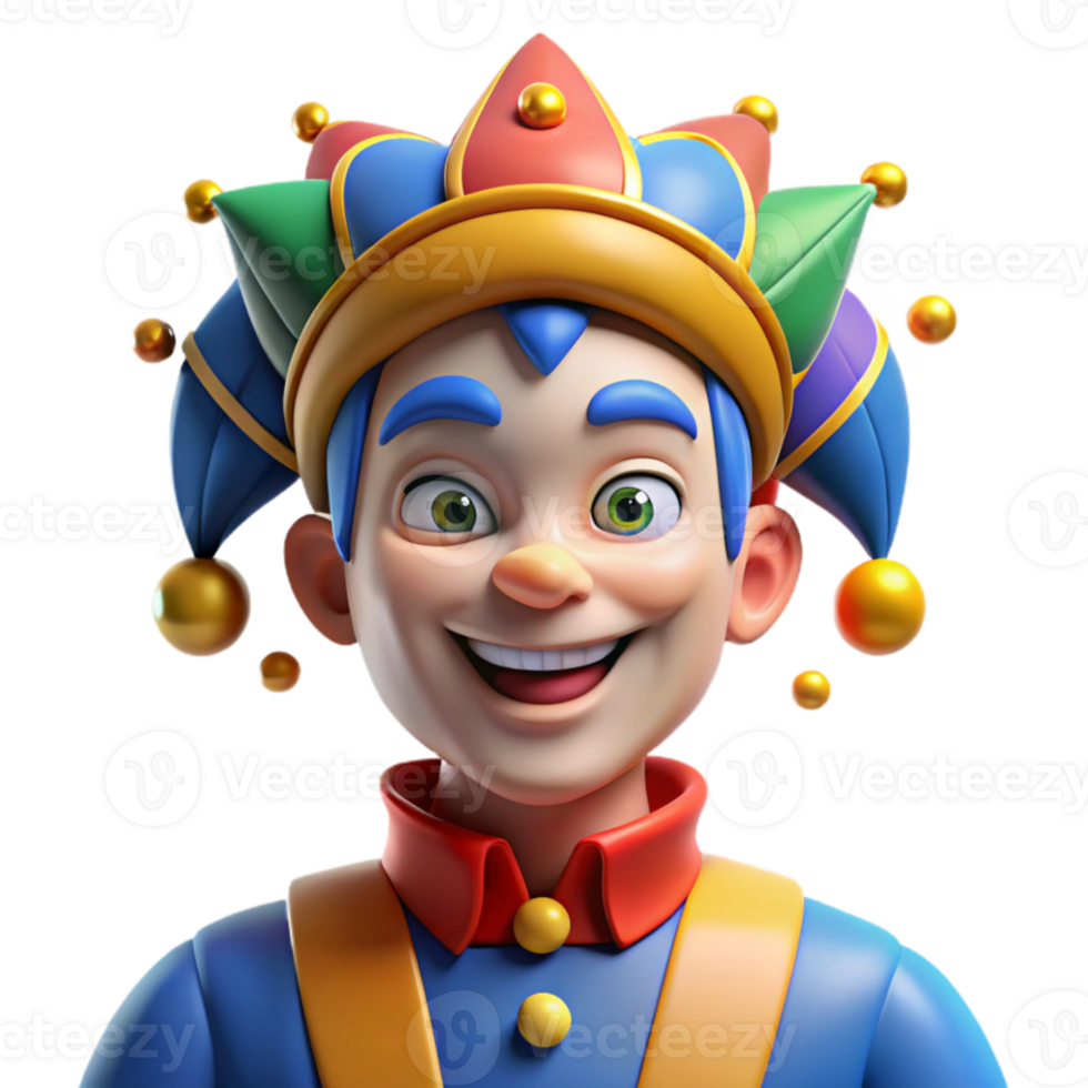 impressive artistic Portrait of a charming jester with colorful makeup and a playful expression, bright carnival light, theatrical portrait style premium png