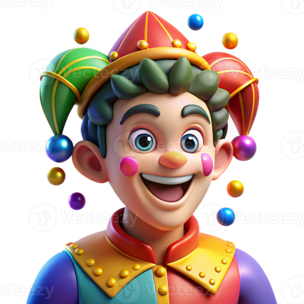dramatic modern Portrait of a charming jester with colorful makeup and a playful expression, bright carnival light, theatrical portrait style high resolution png