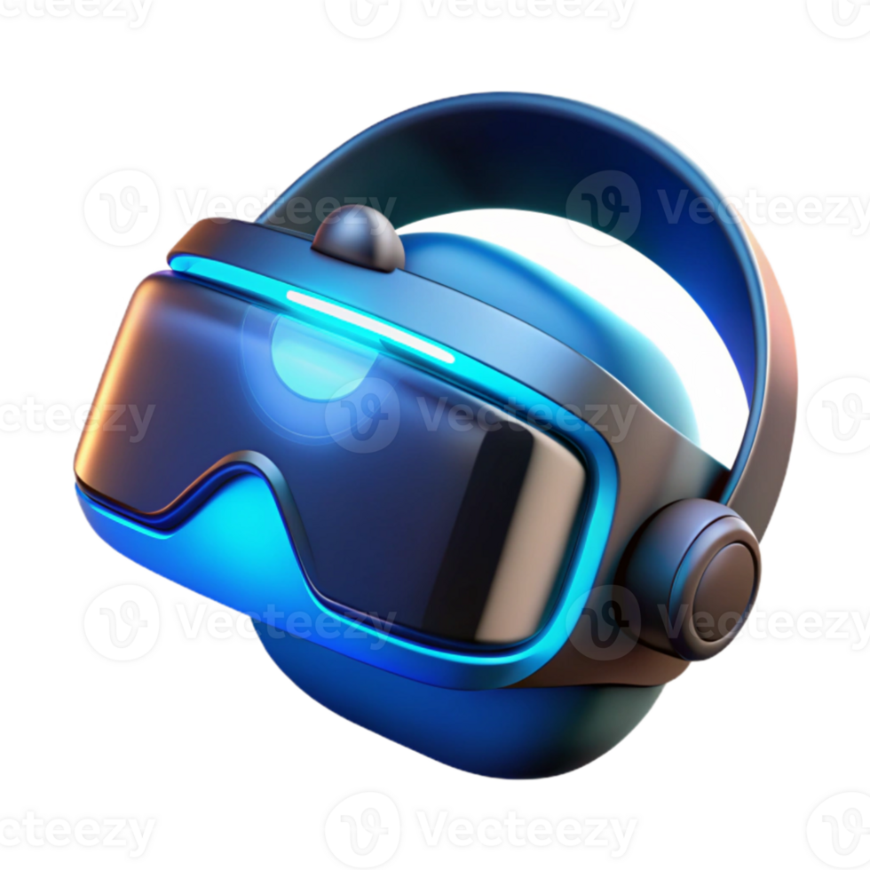 dramatic creative A futuristic VR headset with sleek lines and glowing blue accents, floating in space, illuminated by a dramatic, chiaroscuro lighting style, in a product design style 4K png