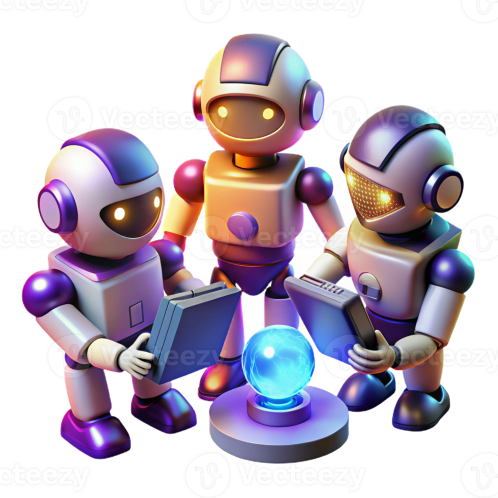vibrant minimalist A group of stylized, low-poly robots working collaboratively on a complex task, illuminated by bright, directional lighting, in a retro-futuristic style exclusive png