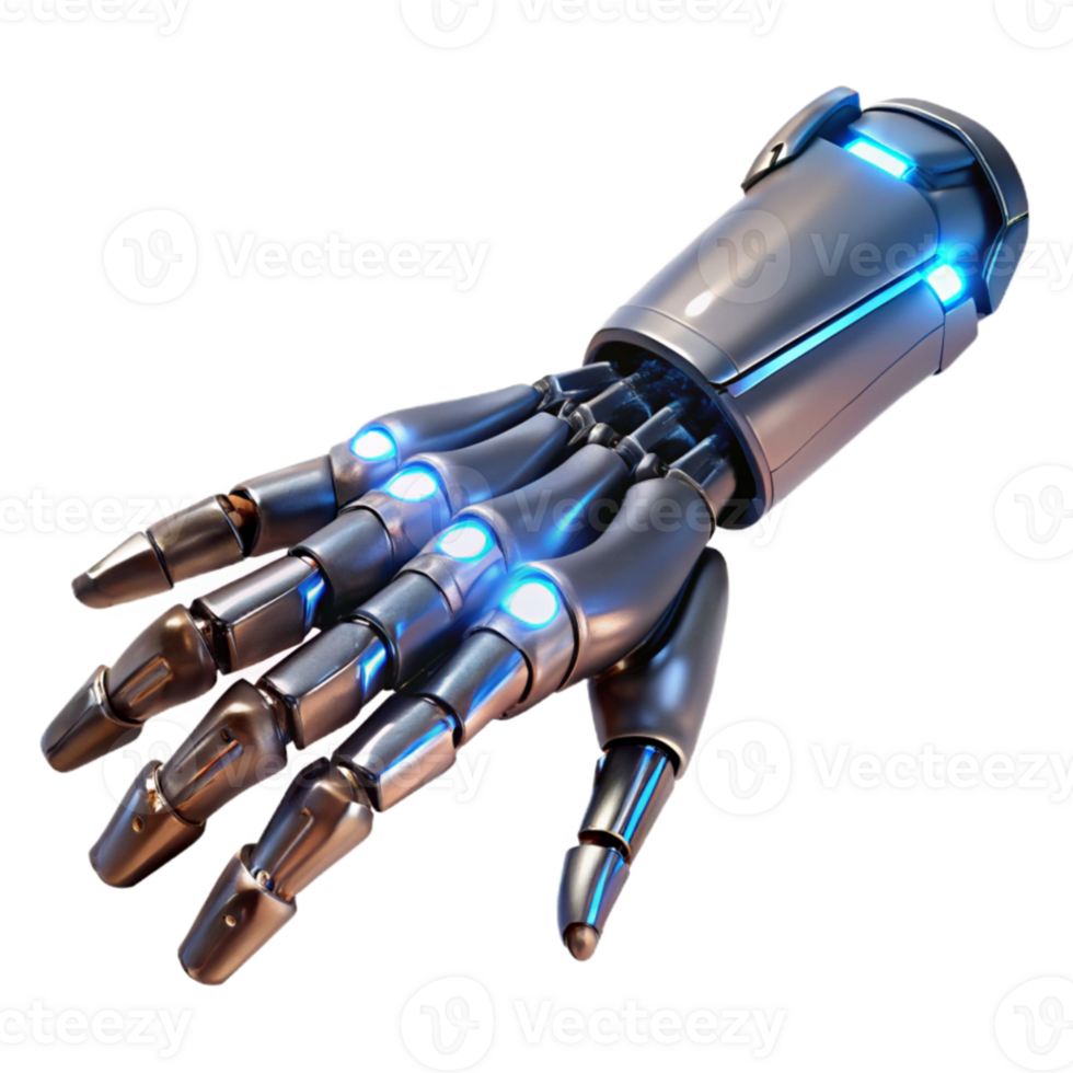 wonderful abstract A highly detailed, biomechanical prosthetic arm with exposed wiring and glowing components, flexing its fingers, lit by a cool, clinical light, in a cyberpunk style premium png