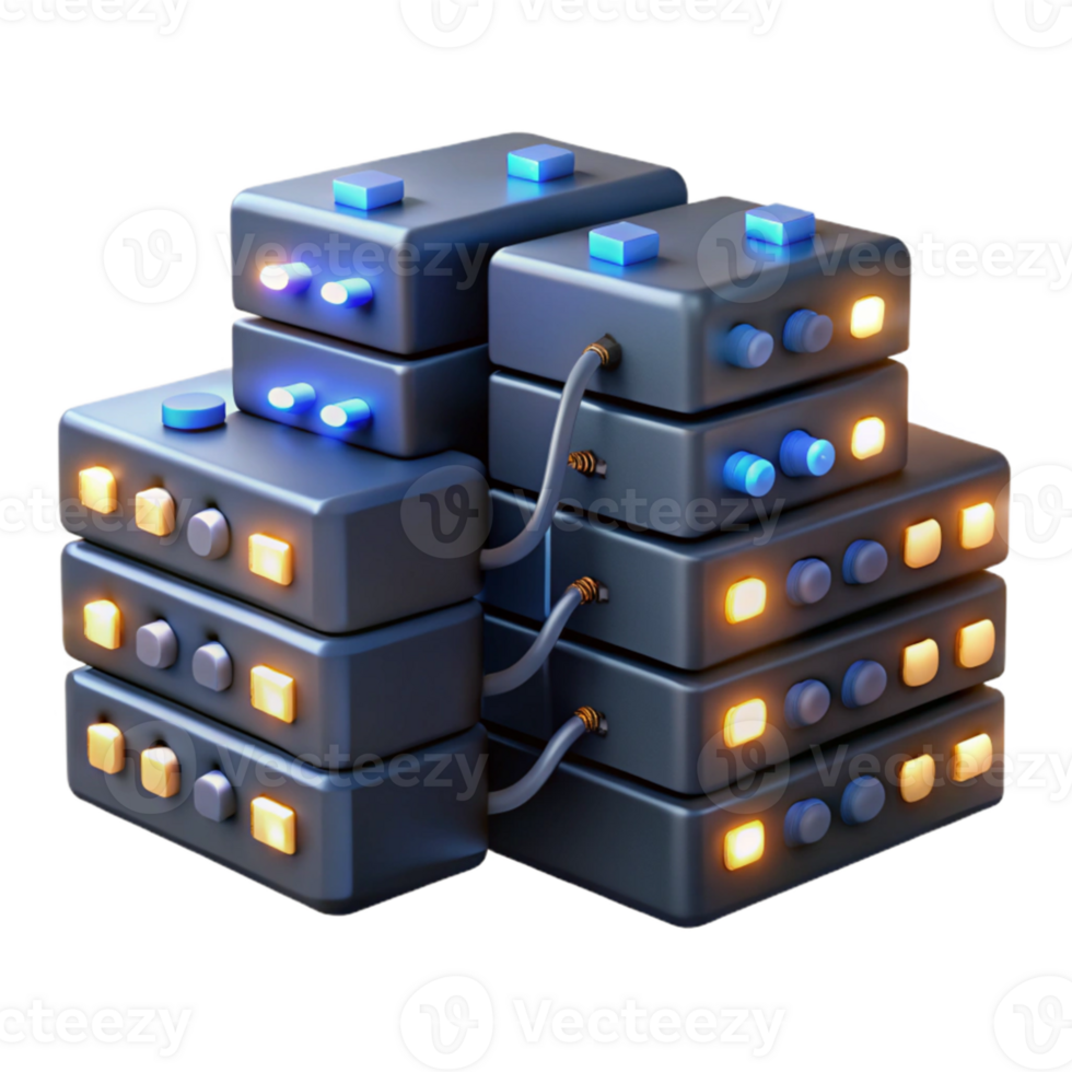 elegant artistic A network of interconnected servers with blinking lights and glowing cables, filling a dark room, lit by the flickering server lights, in a data center style exclusive png