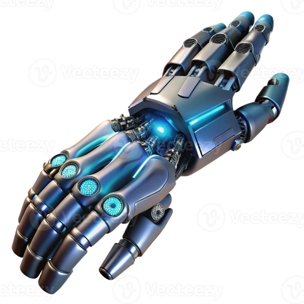 elegant creative A highly detailed, biomechanical prosthetic arm with exposed wiring and glowing components, flexing its fingers, lit by a cool, clinical light, in a cyberpunk style exclusive png