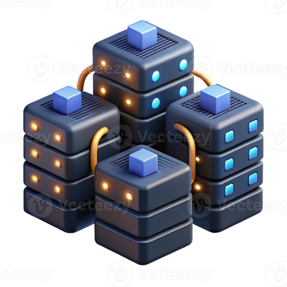 extraordinary abstract A network of interconnected servers with blinking lights and glowing cables, filling a dark room, lit by the flickering server lights, in a data center style high resolution png