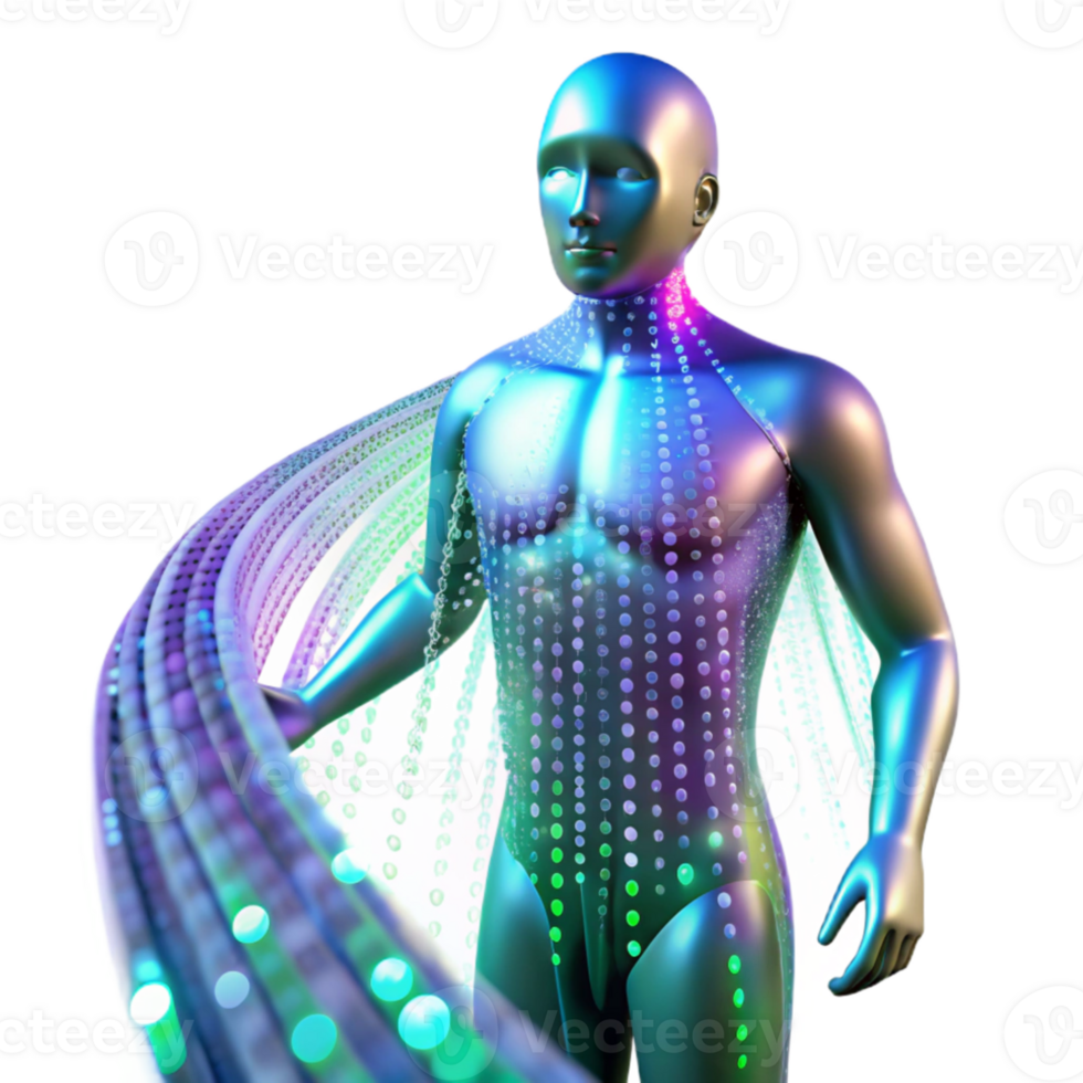 dramatic creative A stream of binary code flowing through a transparent, human-like figure, illuminated by a vibrant, multicolored light show, in a digital art style original png