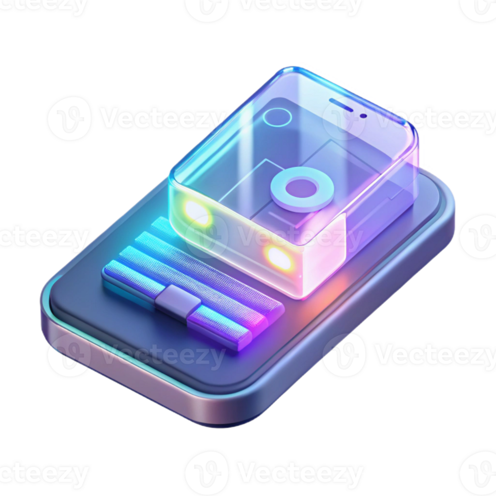 magnificent modern A futuristic, transparent smartphone displaying holographic information, illuminated by a soft, ambient light, in a minimalist, product design style high resolution png
