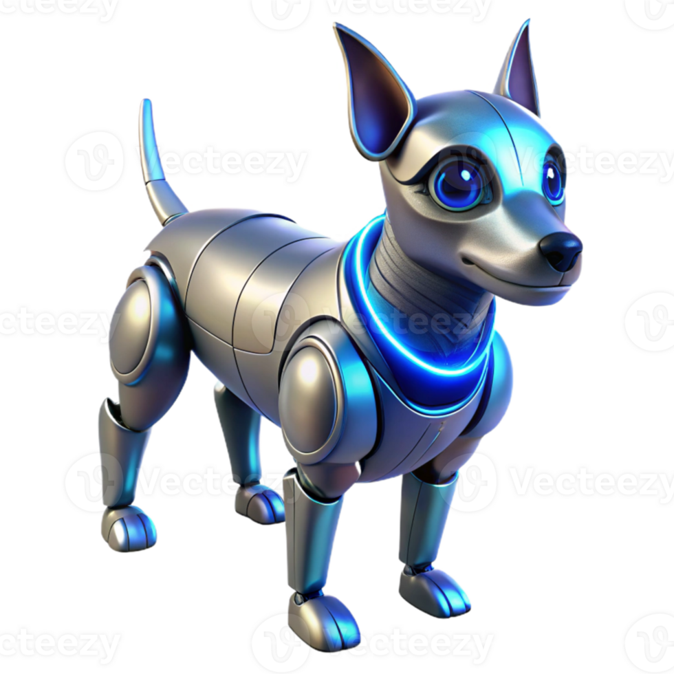 stunning rustic A futuristic, robotic dog with sleek lines and glowing blue eyes, standing in a dynamic pose, illuminated by a dramatic, spotlight effect, in a robotic pet design style authentic png