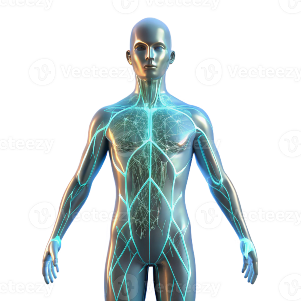 magnificent vintage A transparent human figure with glowing lines representing neural pathways, illuminated by a soft, bioluminescent light, in a medical visualization style exclusive png