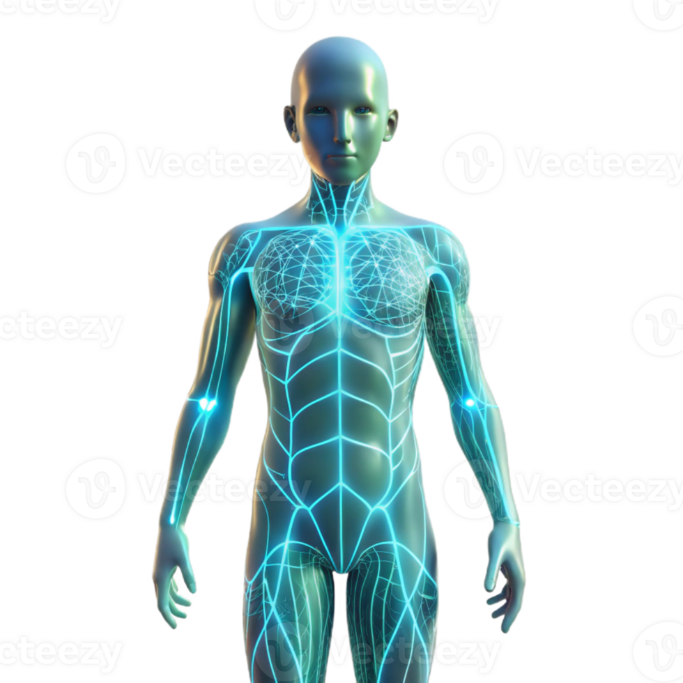 dramatic rustic A transparent human figure with glowing lines representing neural pathways, illuminated by a soft, bioluminescent light, in a medical visualization style professional png