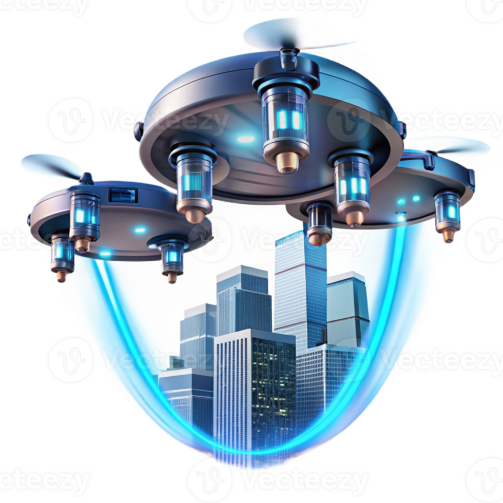 dramatic classic A group of drones flying in formation, creating light trails in the night sky, illuminated by their own lights and city lights below, in a futuristic urban style 4K png