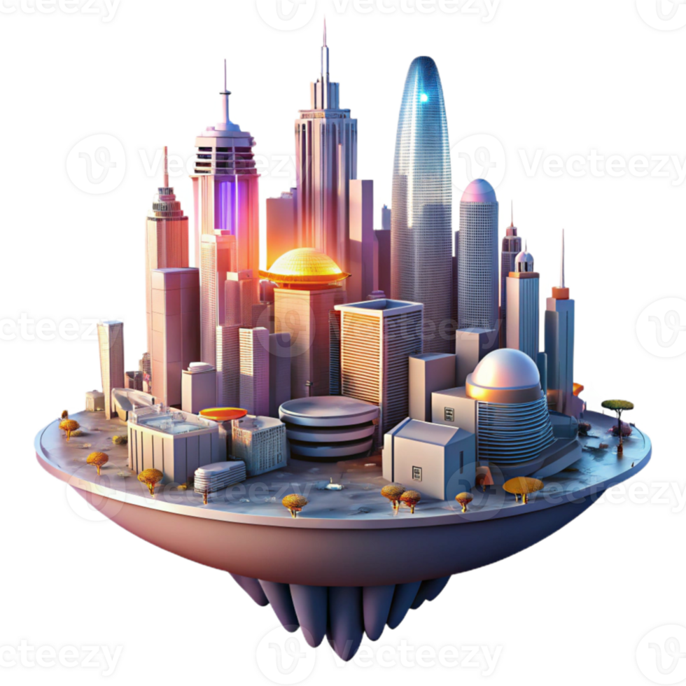 beautiful minimalist A futuristic city built on a giant, floating platform, with flying cars and towering skyscrapers, illuminated by a warm, sunset glow, in a utopian cityscape style high quality png