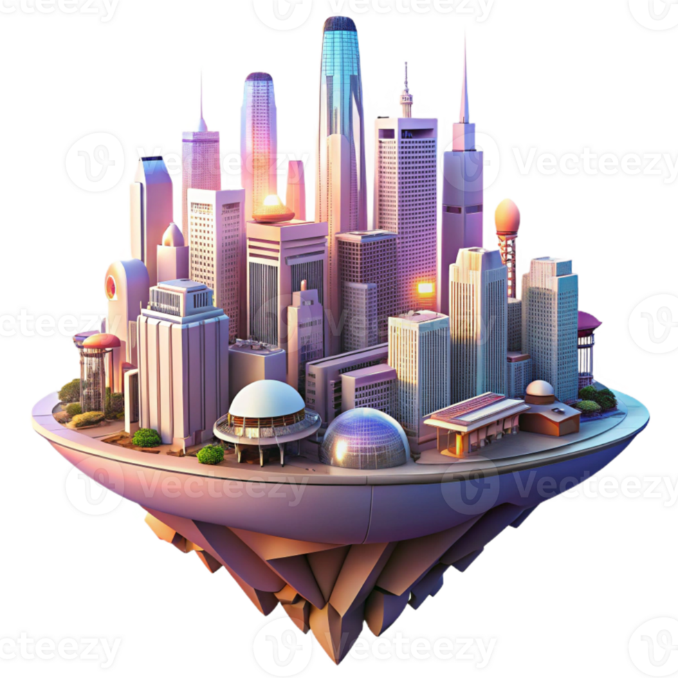 extraordinary abstract A futuristic city built on a giant, floating platform, with flying cars and towering skyscrapers, illuminated by a warm, sunset glow, in a utopian cityscape style genuine png