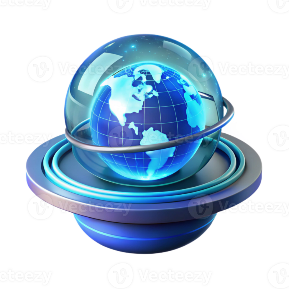 extraordinary modern A futuristic, holographic display showing a rotating Earth with real-time data visualizations, illuminated by a cool blue light, in a global data visualization style professional png