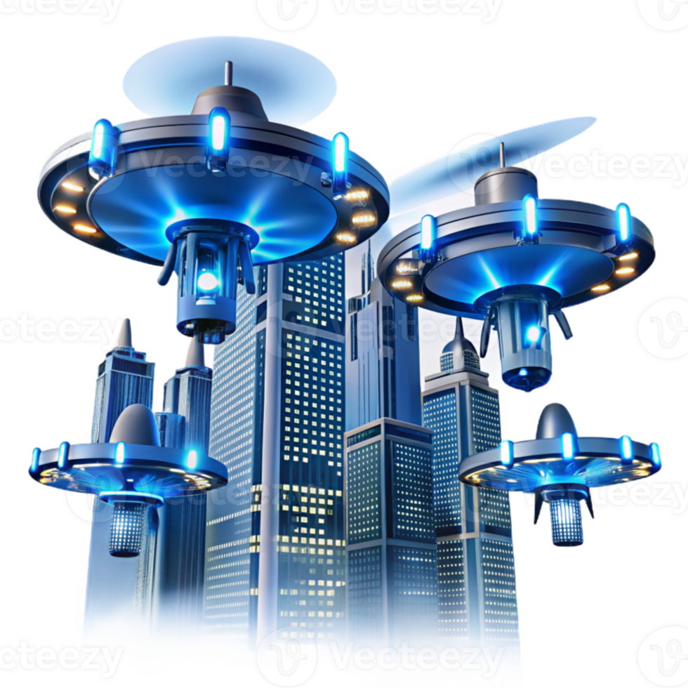 elegant abstract A group of drones flying in formation, creating light trails in the night sky, illuminated by their own lights and city lights below, in a futuristic urban style detailed png