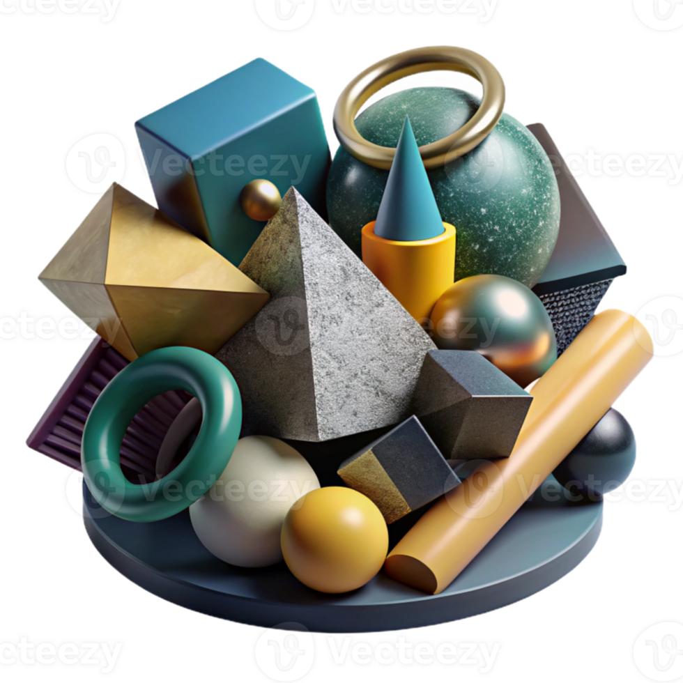wonderful modern A chaotic jumble of geometric shapes, with a variety of textures and materials, under a dramatic, chiaroscuro lighting original png