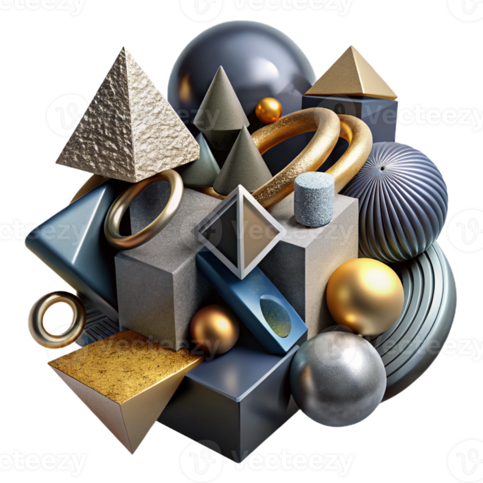 impressive rustic A chaotic jumble of geometric shapes, with a variety of textures and materials, under a dramatic, chiaroscuro lighting high quality png