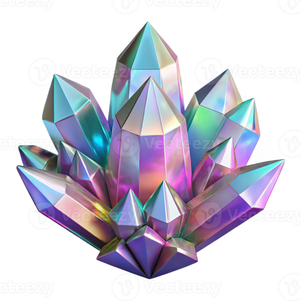 elegant contemporary A cluster of iridescent crystals, with intricate facets and realistic refractions, under a bright, sparkling light professional png