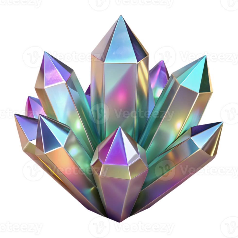 magnificent modern A cluster of iridescent crystals, with intricate facets and realistic refractions, under a bright, sparkling light high resolution png