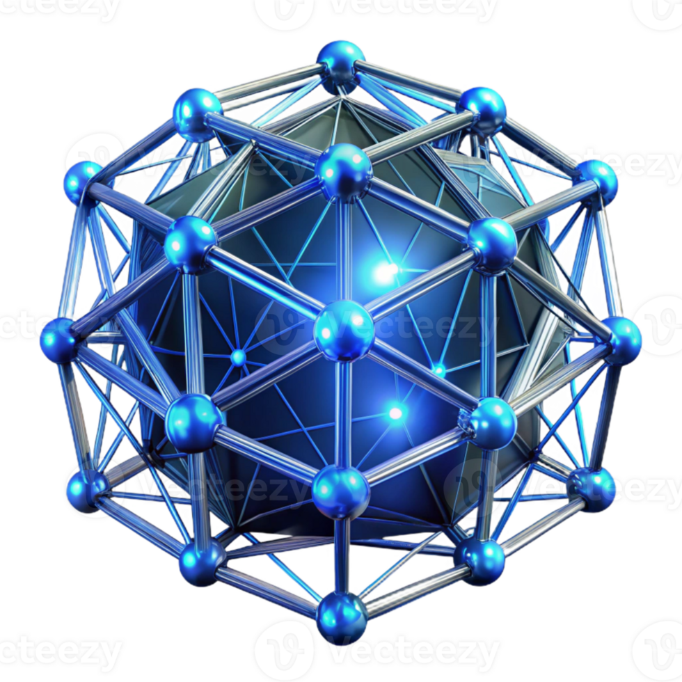magnificent modern A network of interconnected, glowing nodes, forming a complex, geometric pattern, illuminated by a cool, blue light, cyberpunk style high quality png
