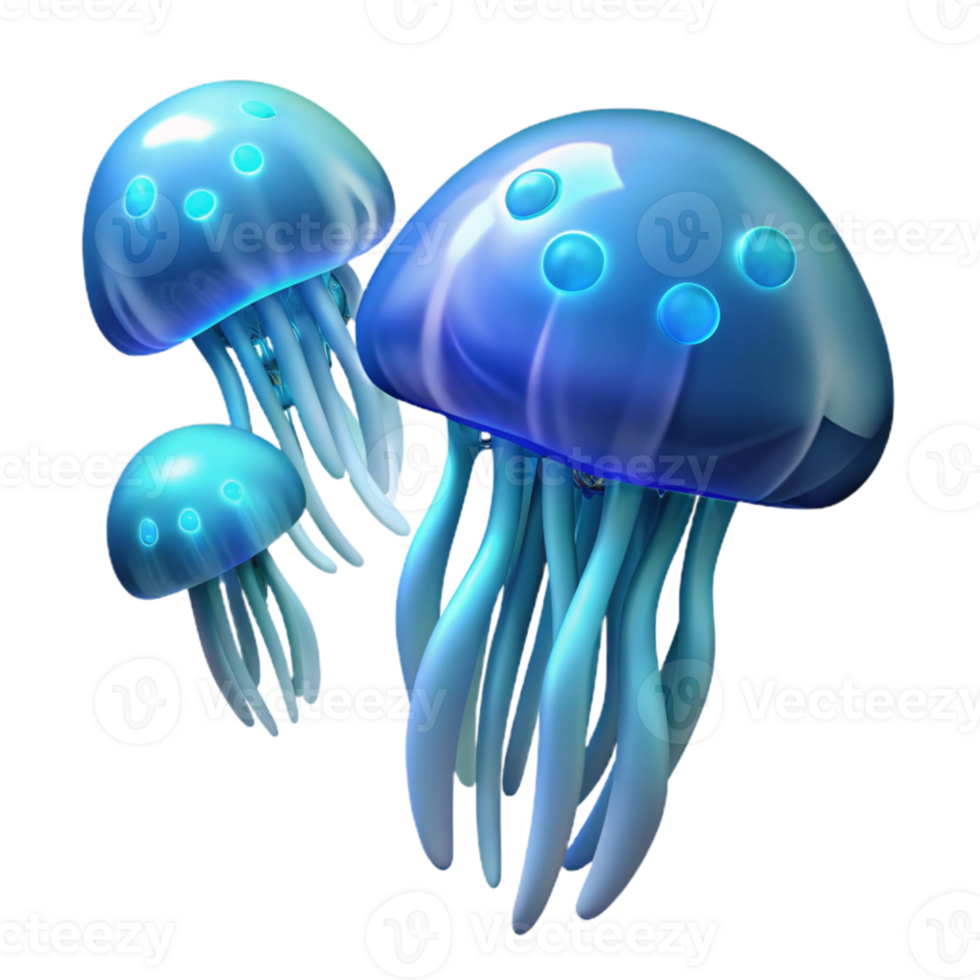 serene classic A school of bioluminescent jellyfish drifting through the deep ocean, lit by their own glow, ethereal photography style authentic png