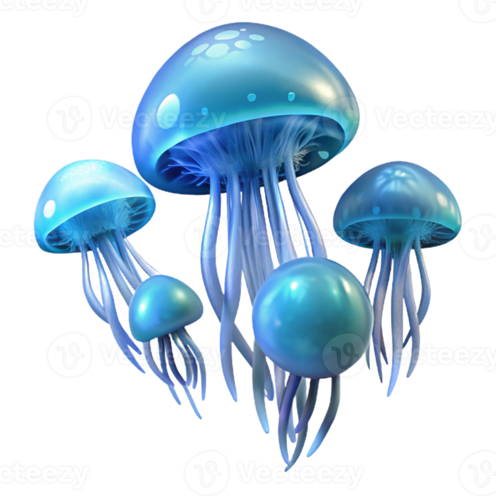 stunning rustic A school of bioluminescent jellyfish drifting through the deep ocean, lit by their own glow, ethereal photography style detailed png