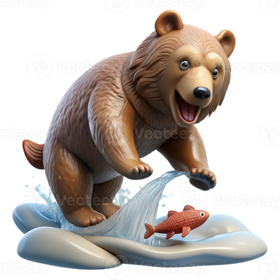 dramatic contemporary A grizzly bear catching a salmon mid-air in a rushing river, dynamic action photography, crisp morning light 4K png