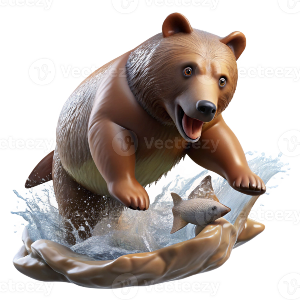 serene abstract A grizzly bear catching a salmon mid-air in a rushing river, dynamic action photography, crisp morning light 4K png