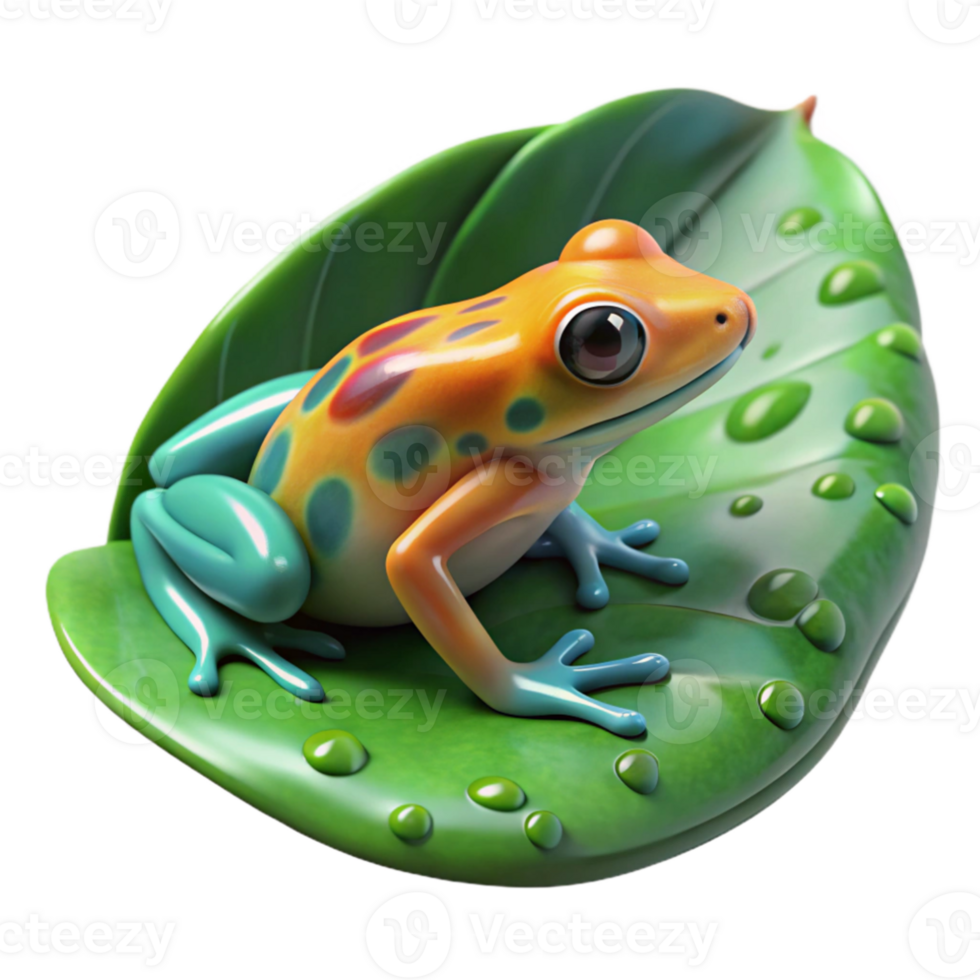 beautiful minimalist A colorful poison dart frog perched on a large, dew-covered leaf, macro photography, soft diffused lighting high resolution png