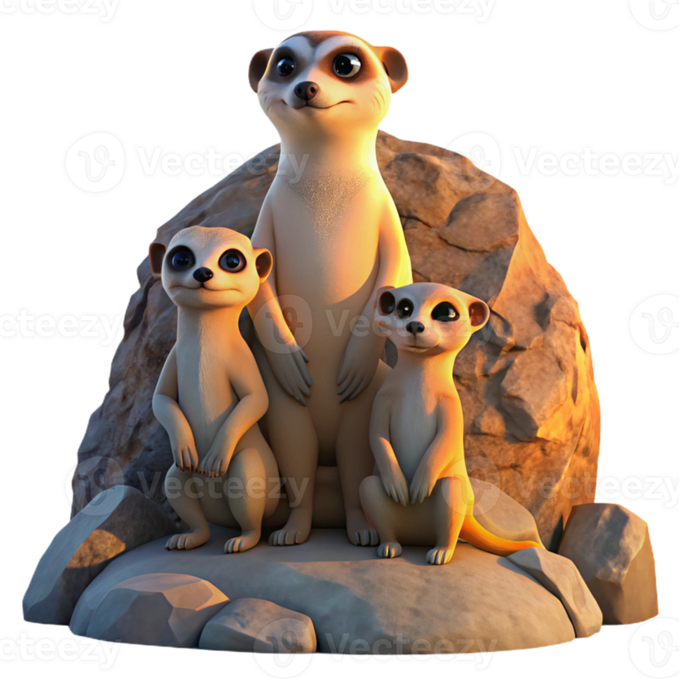 impressive abstract A family of meerkats standing guard on a rocky outcrop, warm sunset light, wildlife photography style exclusive png