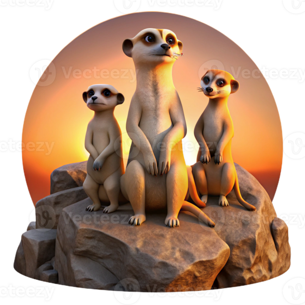 beautiful vintage A family of meerkats standing guard on a rocky outcrop, warm sunset light, wildlife photography style genuine png