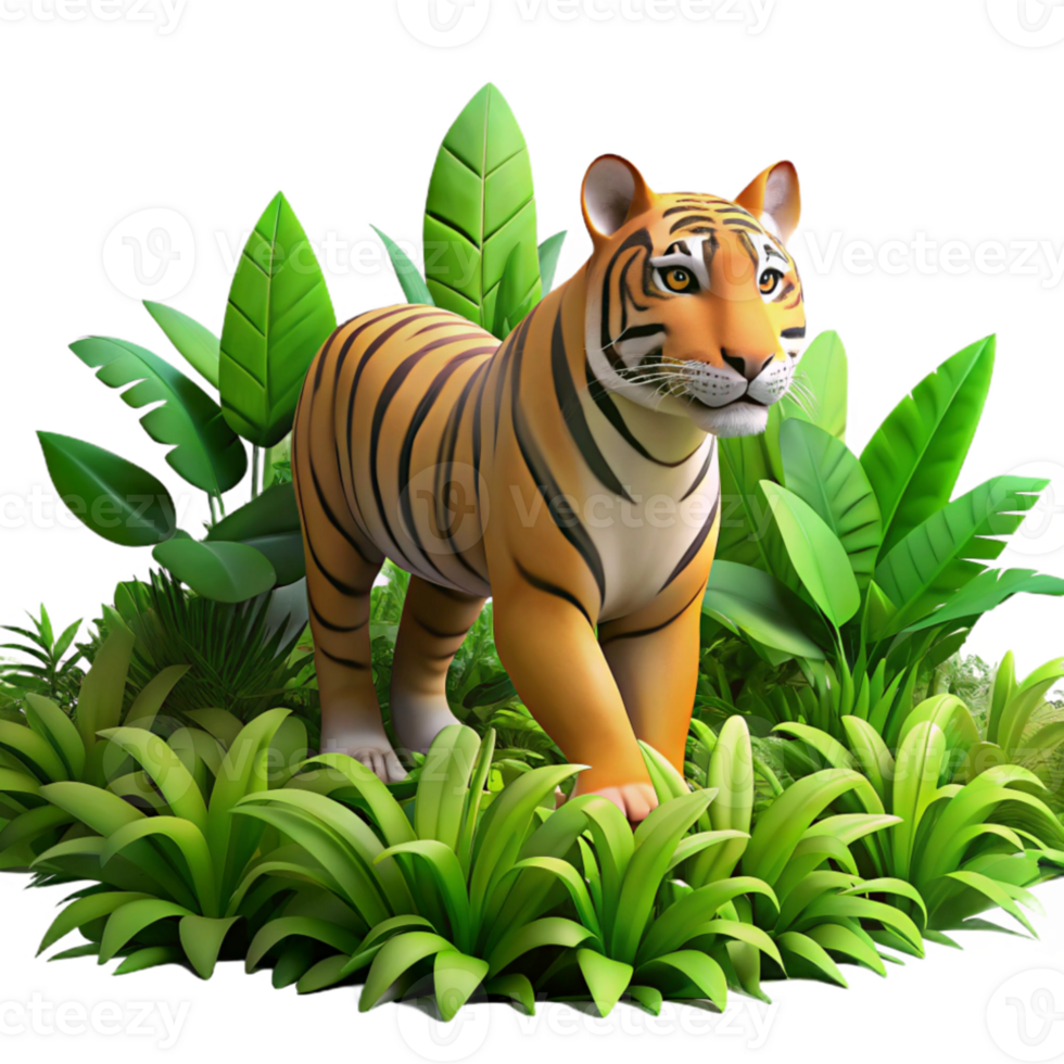 dramatic contemporary A Bengal tiger prowling through dense jungle foliage, dappled sunlight and shadows, realistic digital art original png