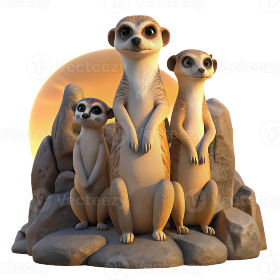 elegant minimalist A family of meerkats standing guard on a rocky outcrop, warm sunset light, wildlife photography style genuine png