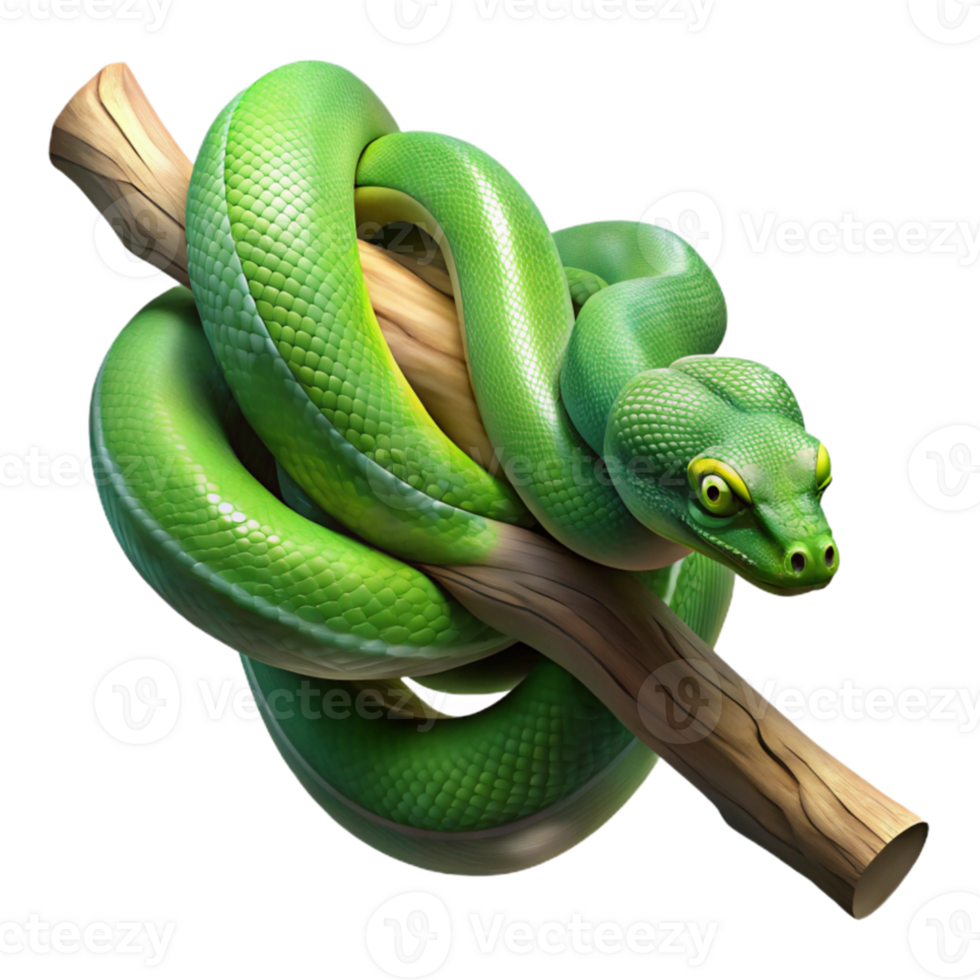 vibrant contemporary A green tree python coiled around a branch, dappled jungle light, hyperrealistic rendering high quality png