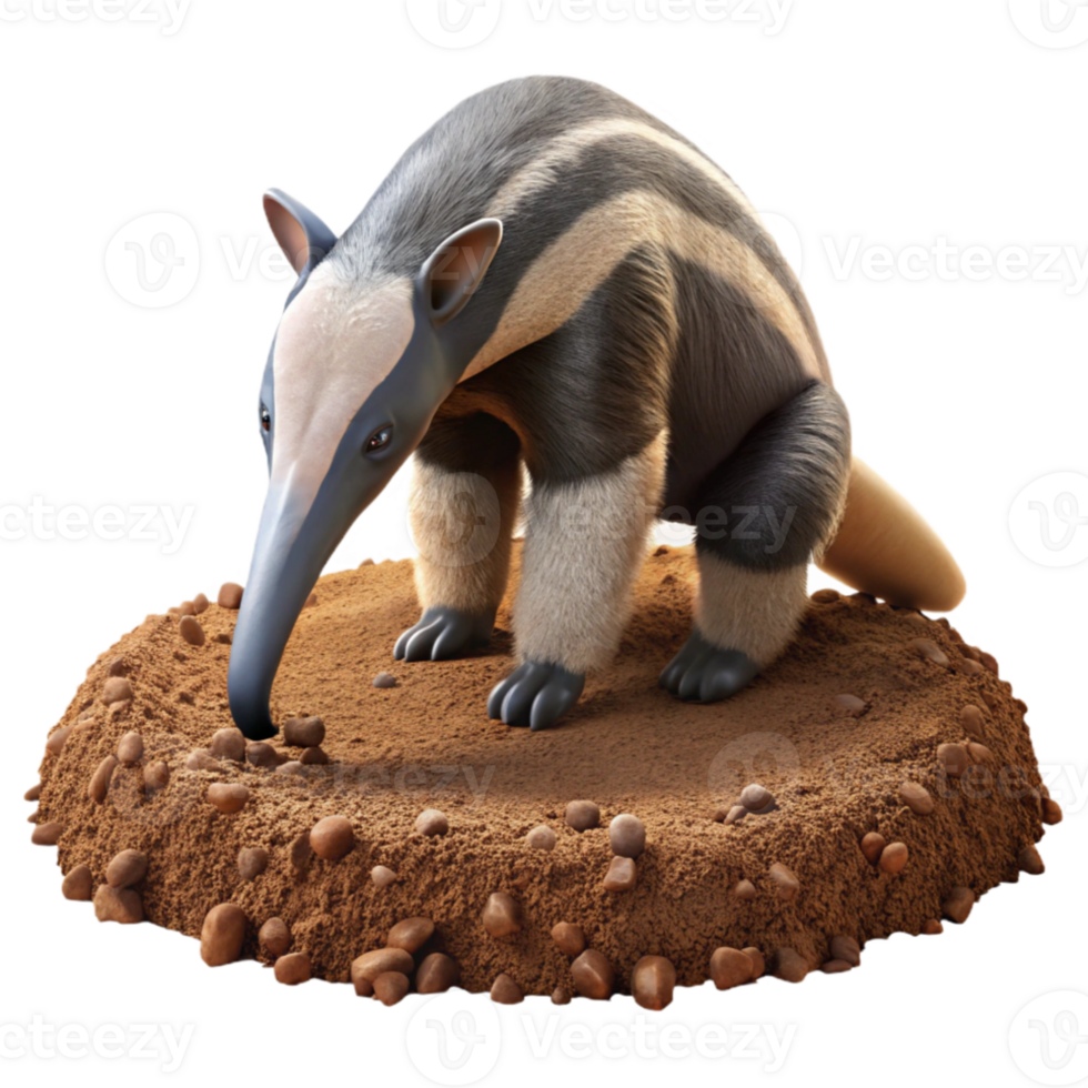 elegant minimalist A giant anteater foraging for ants on a termite mound, bright midday sunlight, documentary photography style professional png