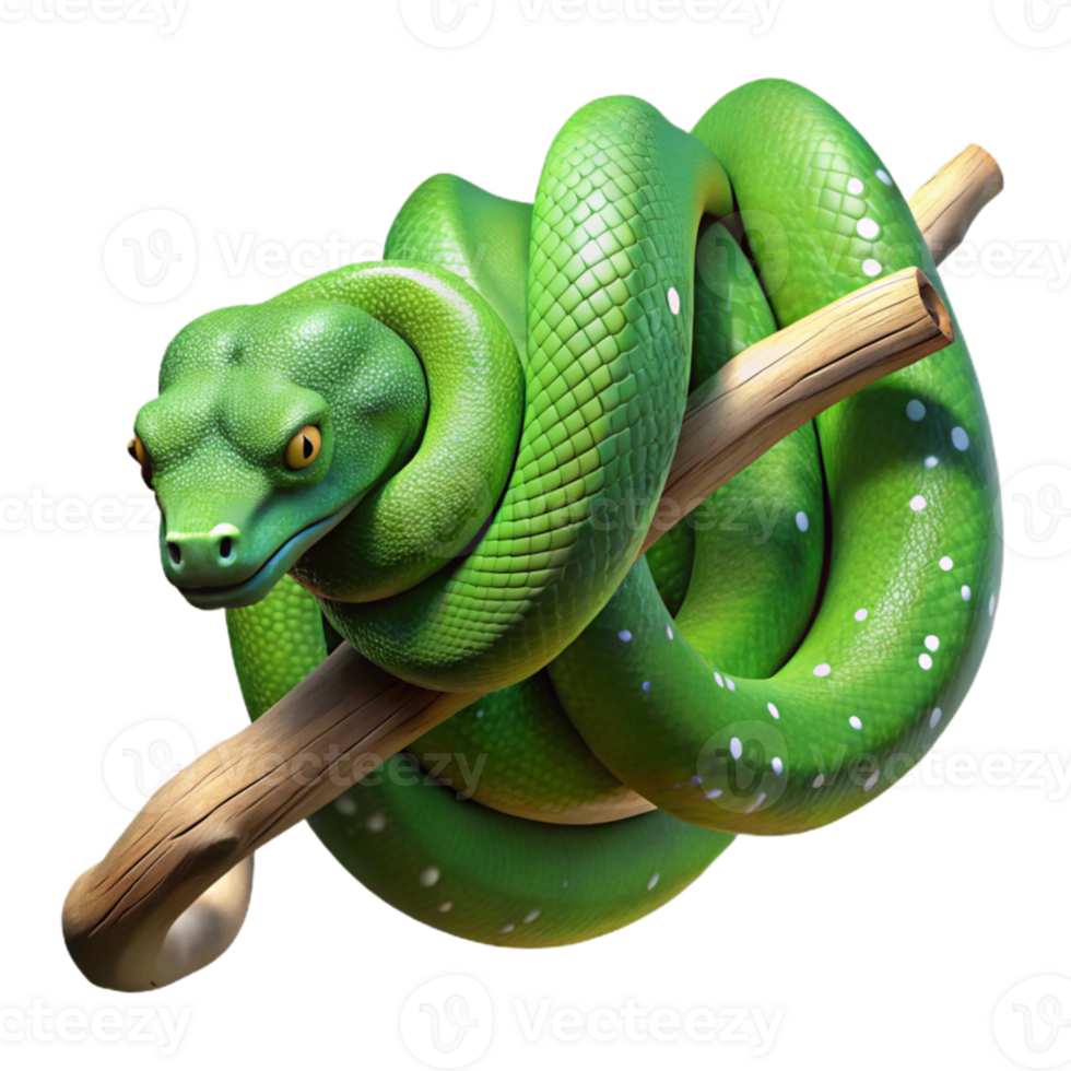 magnificent contemporary A green tree python coiled around a branch, dappled jungle light, hyperrealistic rendering original png