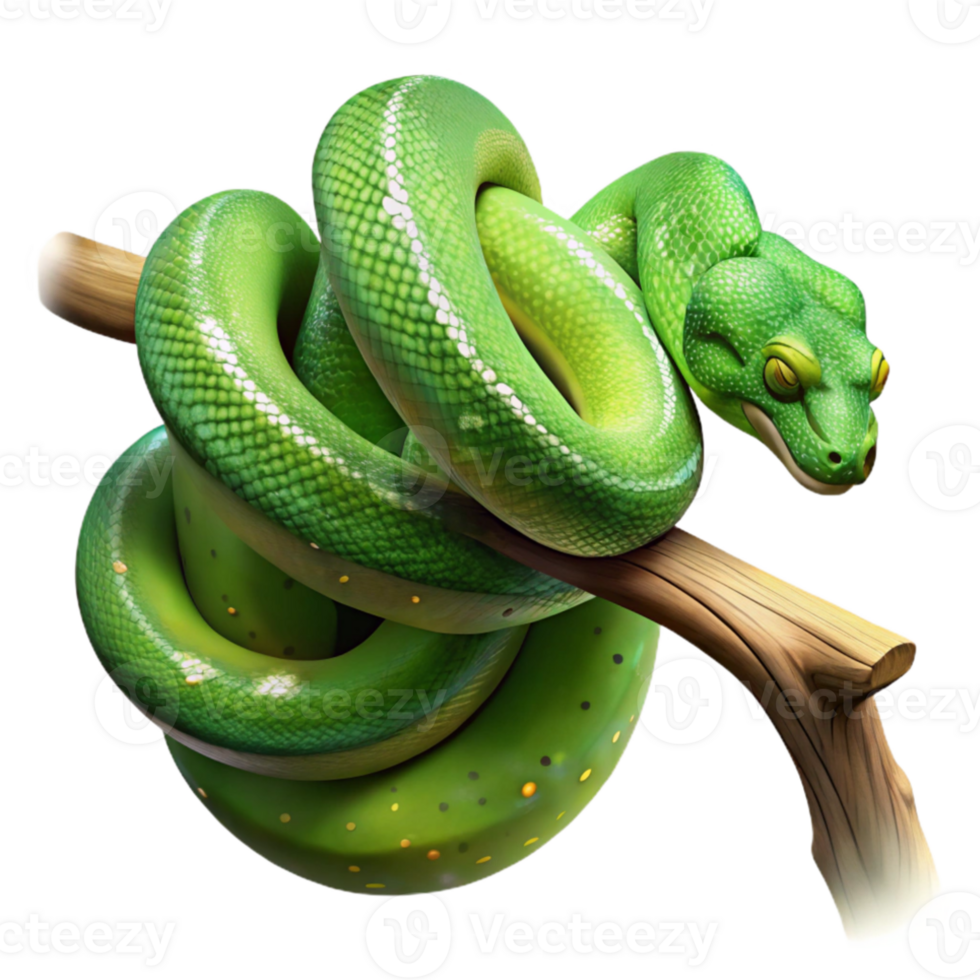 impressive artistic A green tree python coiled around a branch, dappled jungle light, hyperrealistic rendering premium png