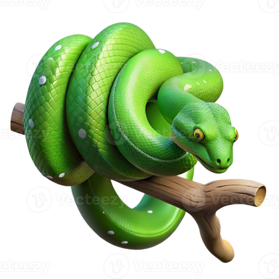 serene classic A green tree python coiled around a branch, dappled jungle light, hyperrealistic rendering professional png