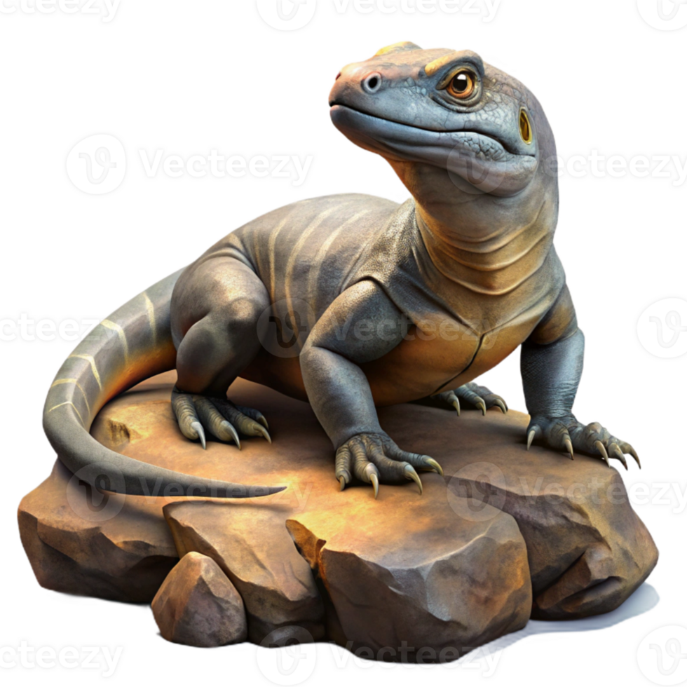 elegant artistic A Komodo dragon basking in the sun on a volcanic rock, harsh midday light, realistic digital painting 4K png