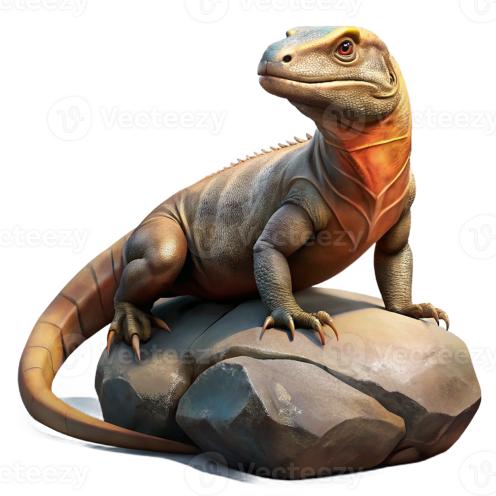 extraordinary classic A Komodo dragon basking in the sun on a volcanic rock, harsh midday light, realistic digital painting authentic png