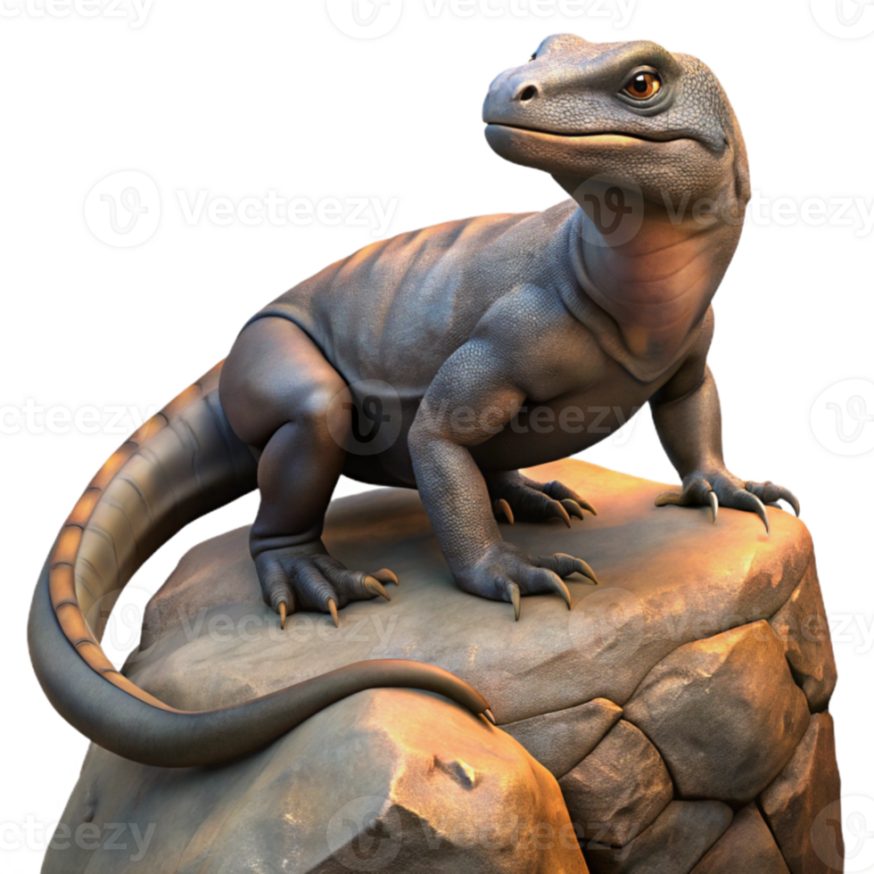 serene contemporary A Komodo dragon basking in the sun on a volcanic rock, harsh midday light, realistic digital painting genuine png